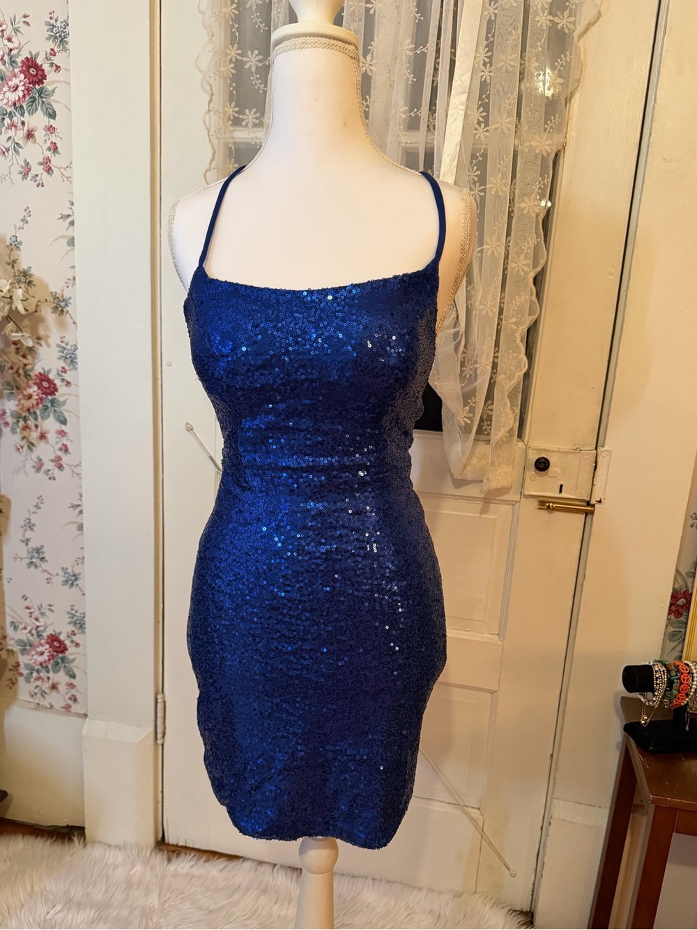 Royal Blue Sequin Lace-Up Back Mini Dress Approx. XS